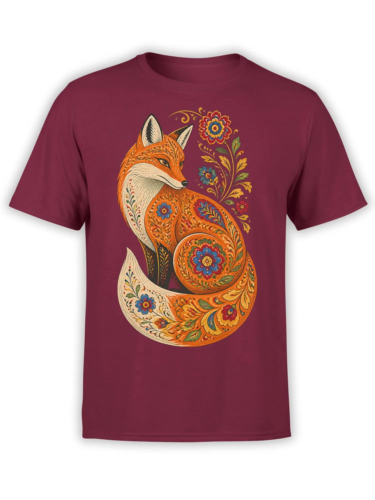 Decorative orange fox with floral folk-art patterns on a burgundy graphic T-shirt