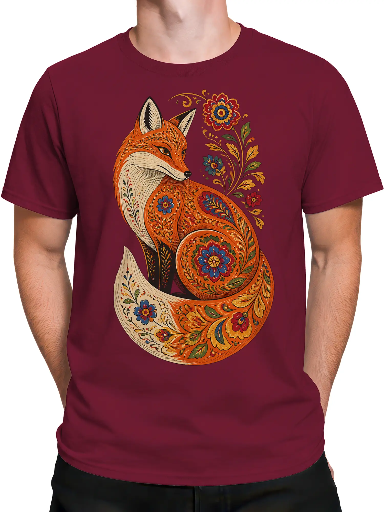 Male torso wearing a burgundy graphic T-shirt with a decorative floral fox design