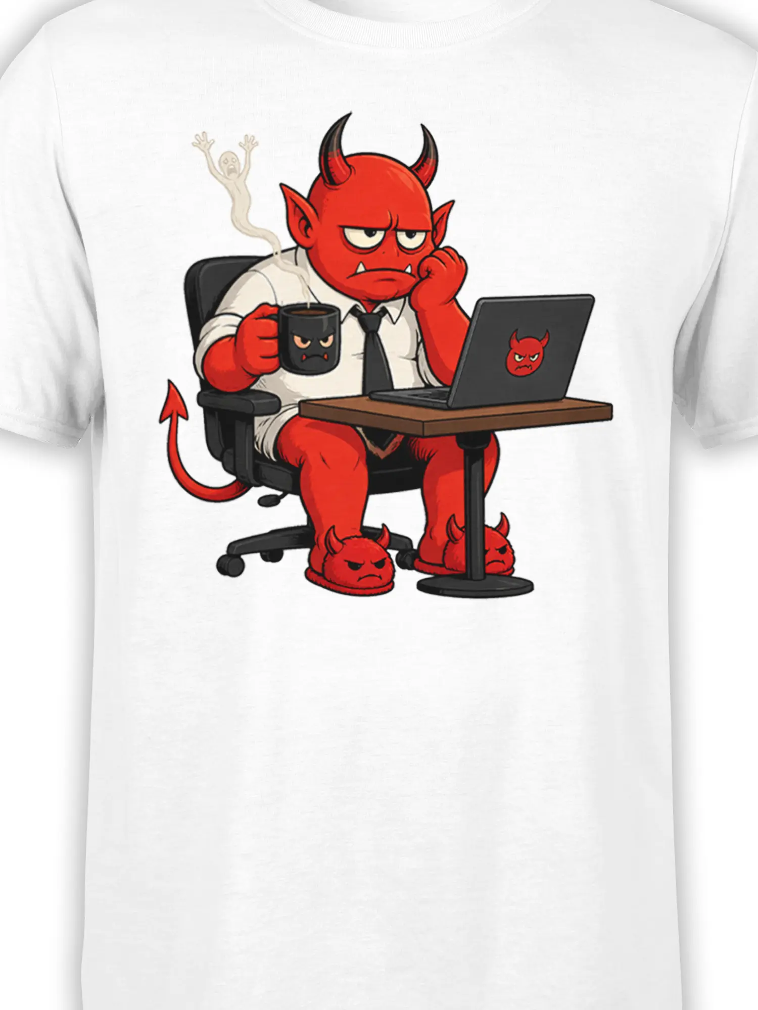 Close-up of red office devil holding coffee beside a laptop on a white T-shirt