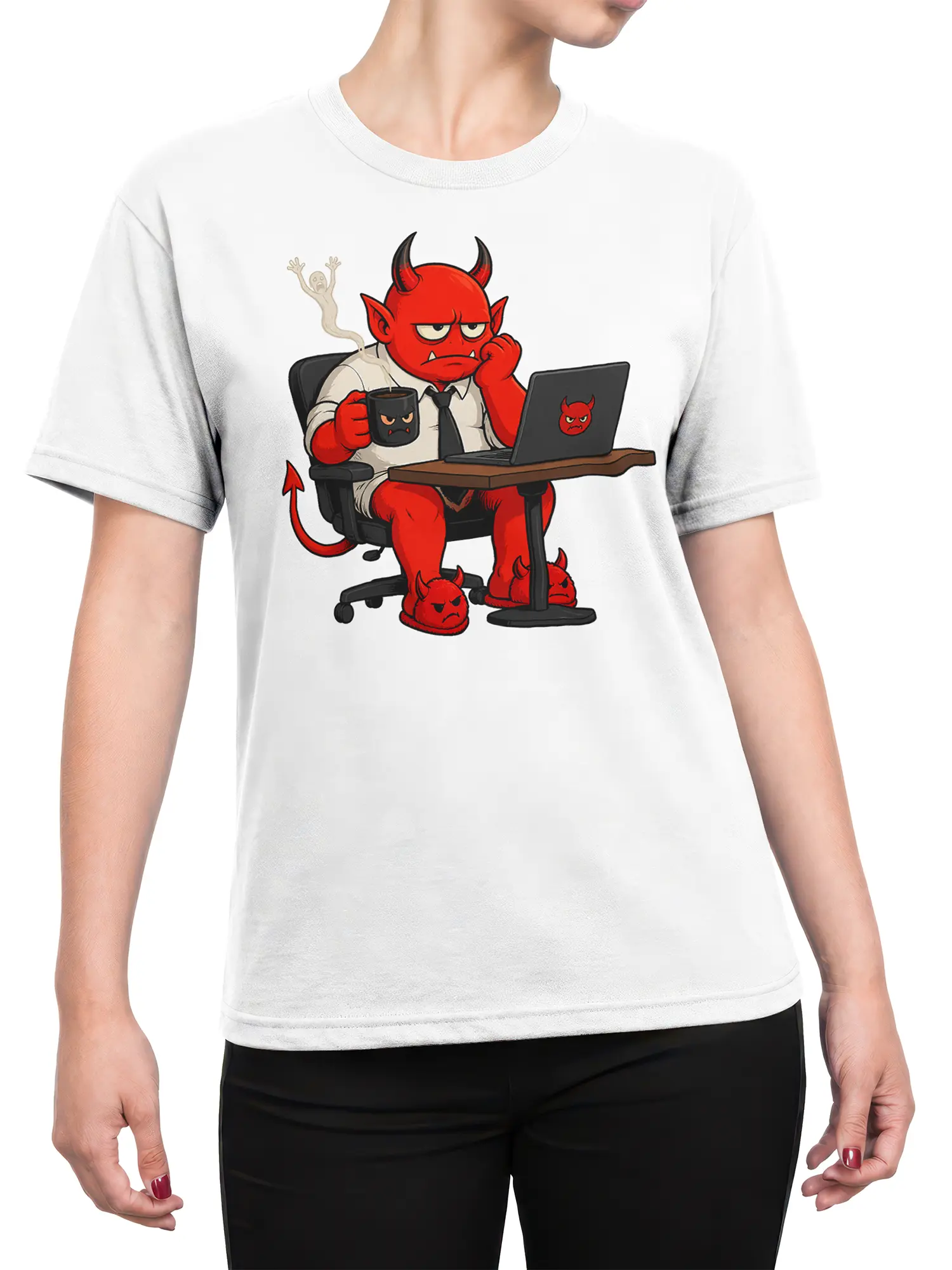 Female torso wearing a white T-shirt with a red office devil, coffee mug, laptop, and ghost design