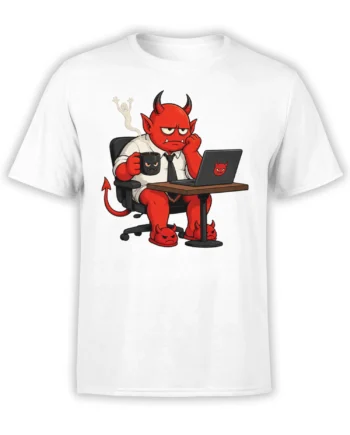 Red devil office worker holding coffee beside a laptop on a white T-shirt