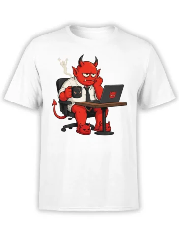 Red devil office worker holding coffee beside a laptop on a white T-shirt