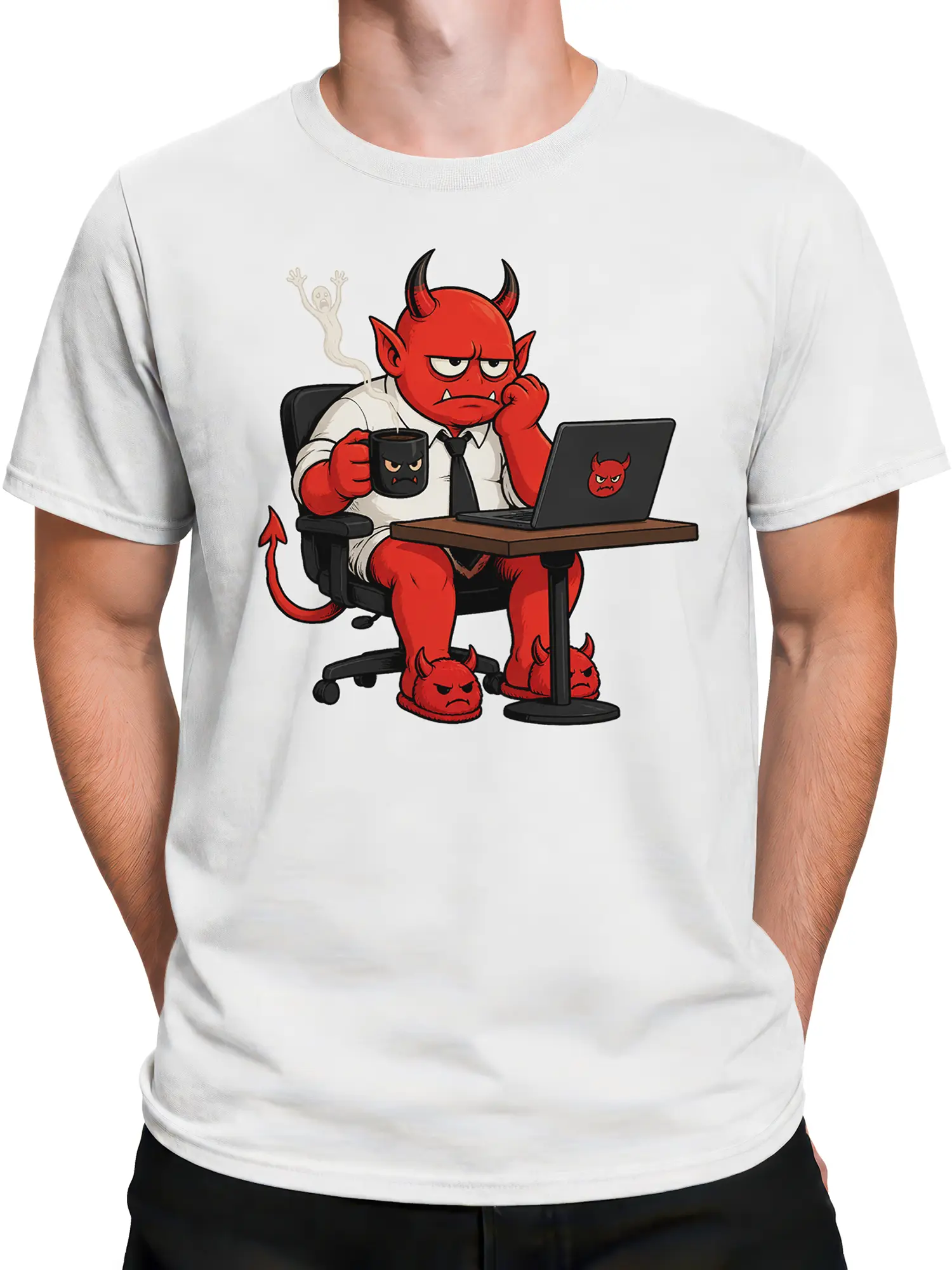 Male torso wearing a white T-shirt with a red office devil coffee and laptop design