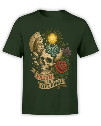 Dark green skull T-shirt with glowing light bulb, roses, classical figure, and Faith Is Optional banner