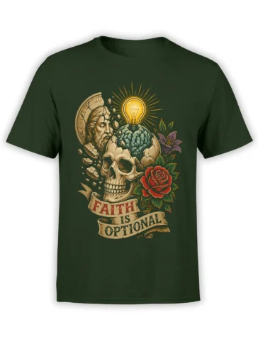 Dark green skull T-shirt with glowing light bulb, roses, classical figure, and Faith Is Optional banner