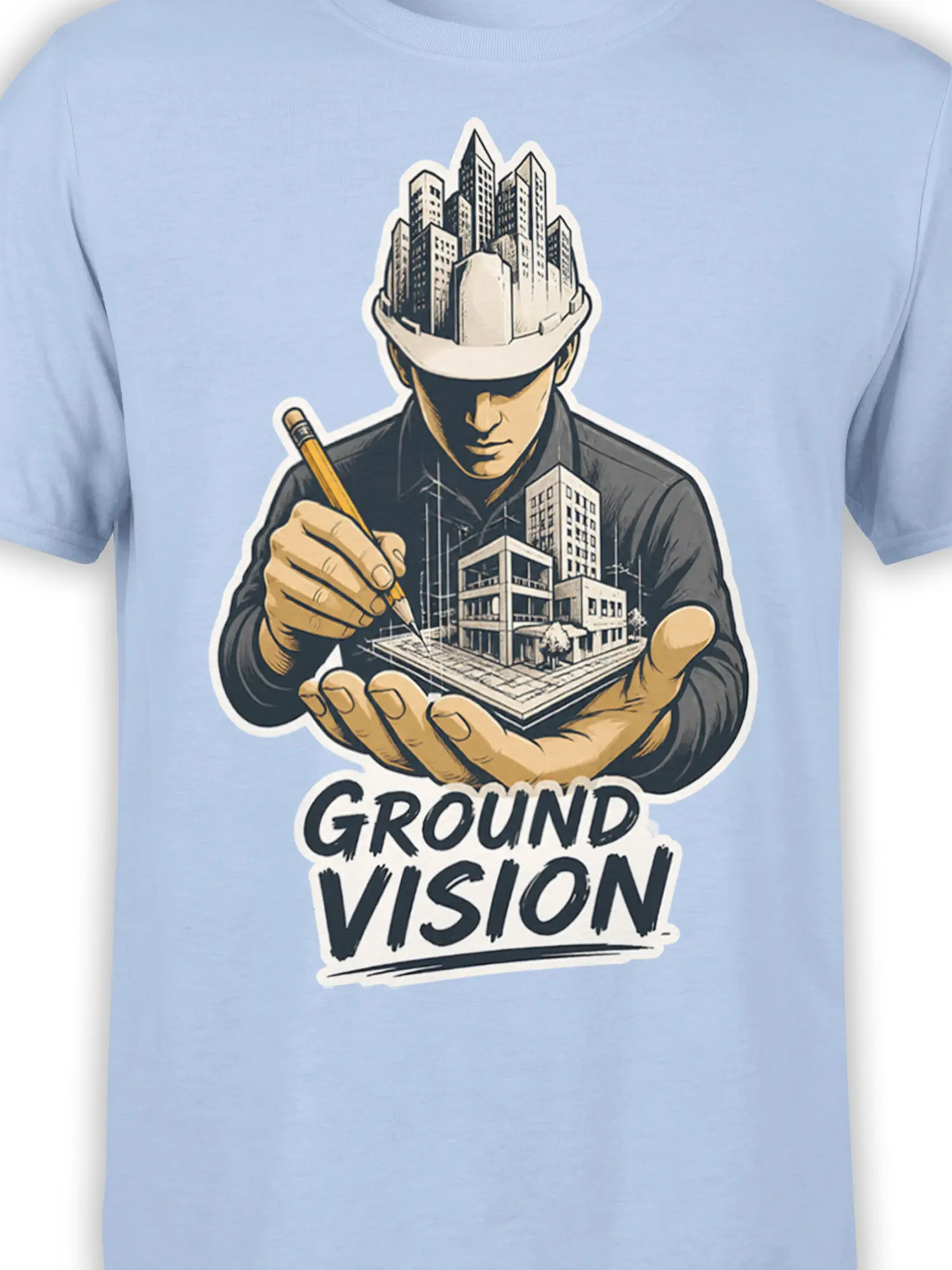 Close-up of the Ground Vision city design on a light blue architect graphic tee