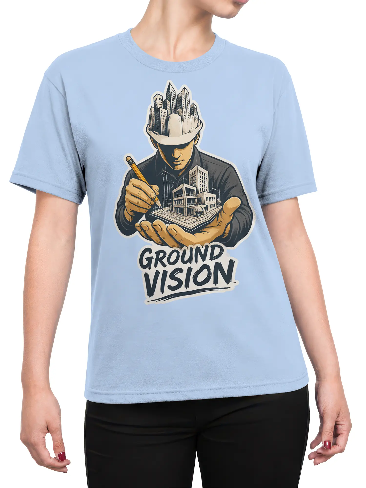Female torso wearing a light blue Ground Vision architect shirt with a detailed city illustration