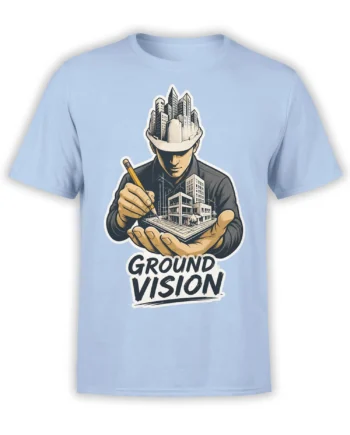 Ground Vision architect graphic tee in light blue with a figure holding a miniature city