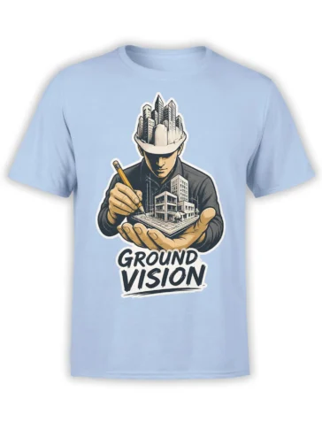 Ground Vision architect graphic tee in light blue with a figure holding a miniature city