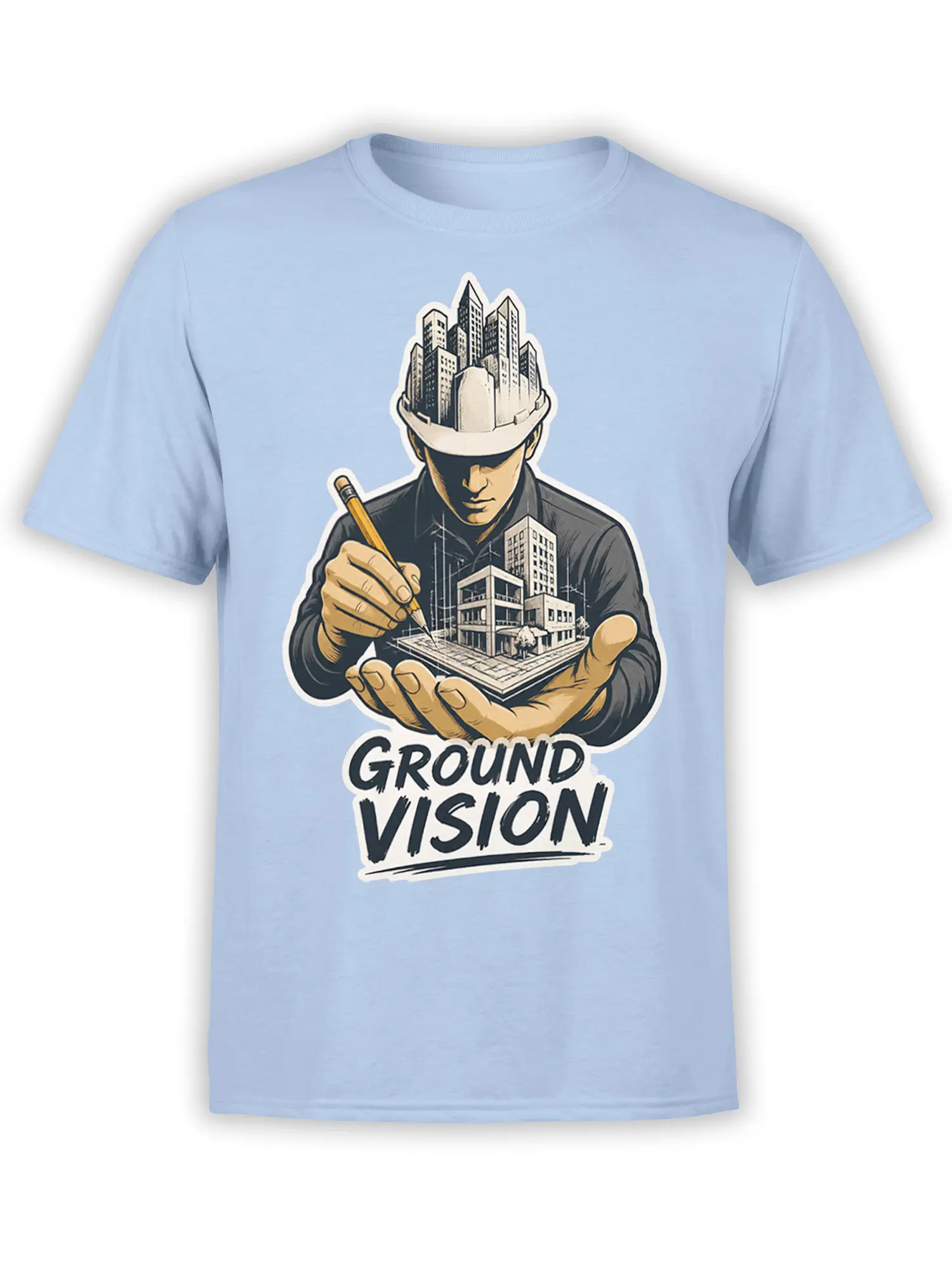 Ground Vision architect graphic tee in light blue with a figure holding a miniature city
