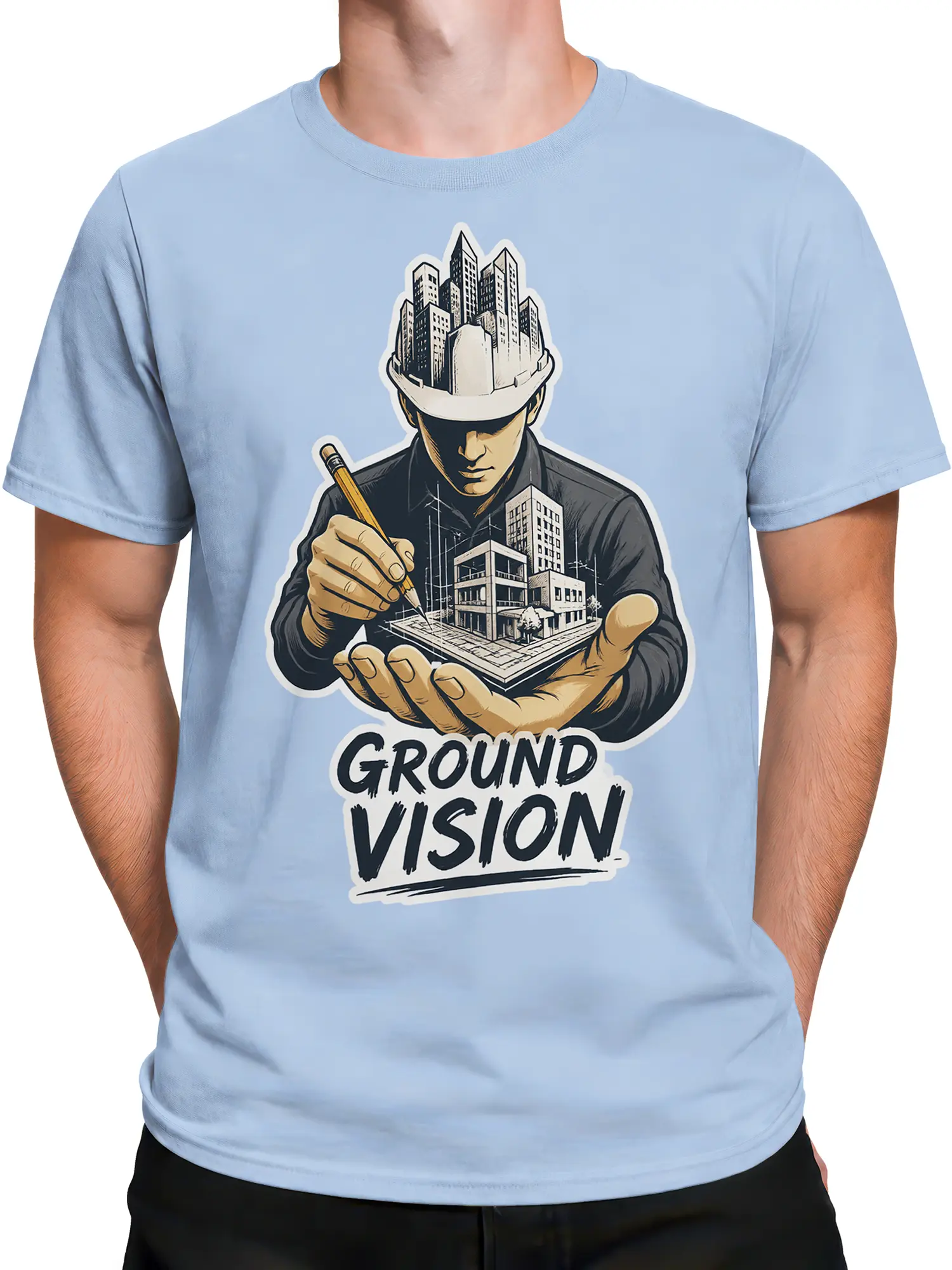 Male torso wearing a light blue architect graphic shirt with Ground Vision city artwork