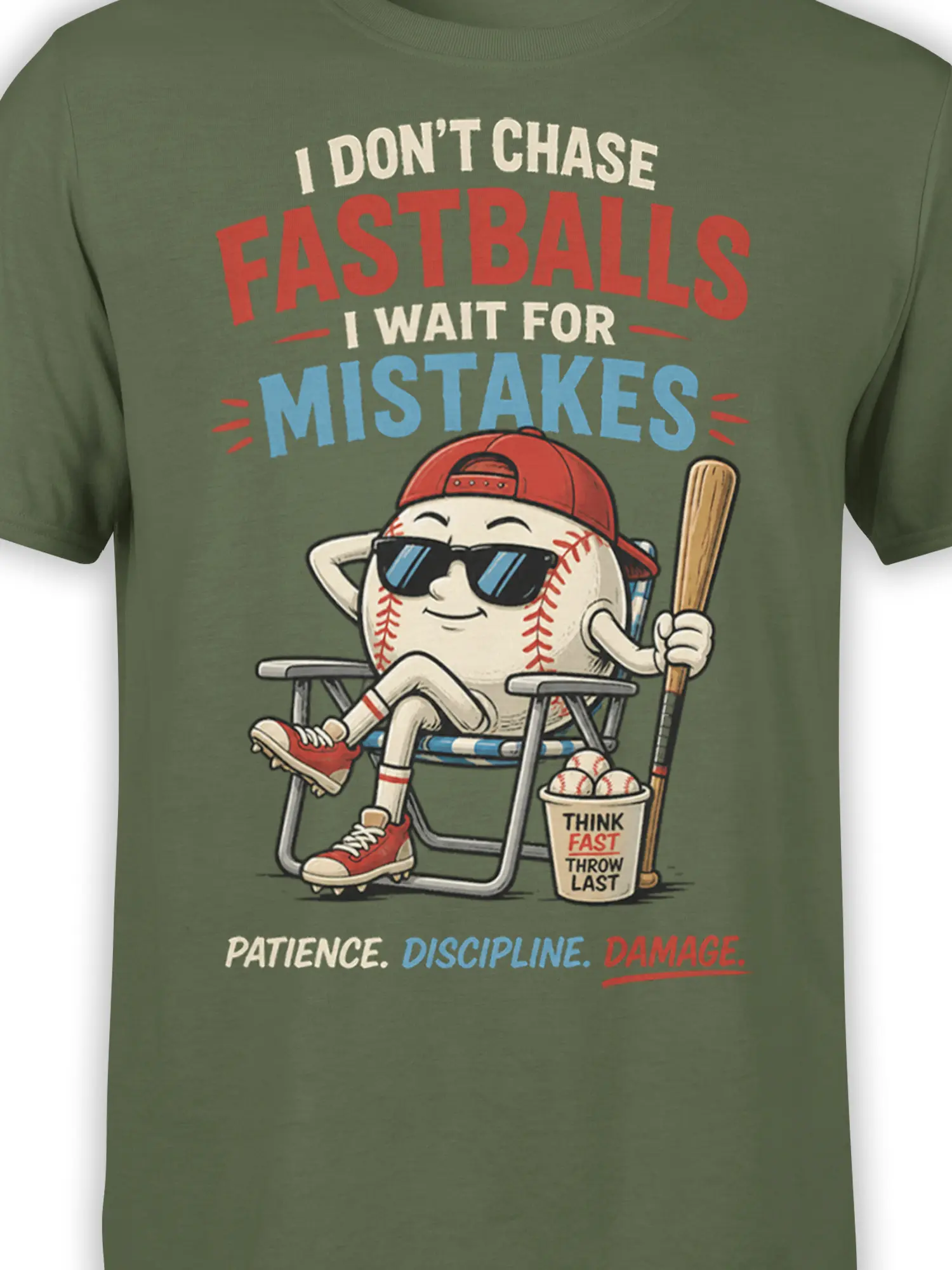 Close-up of cartoon baseball character, bat, sunglasses, and bold patience and damage lettering
