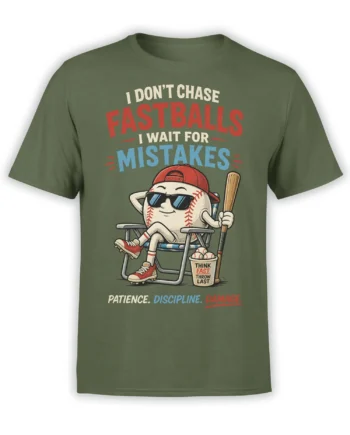 Olive green baseball T-shirt with relaxed cartoon ball character, bat, sunglasses, and vintage sports lettering