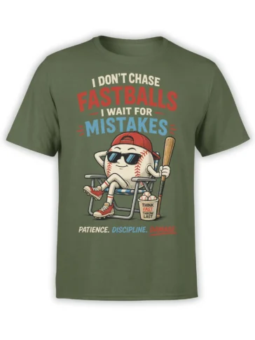 Olive green baseball T-shirt with relaxed cartoon ball character, bat, sunglasses, and vintage sports lettering