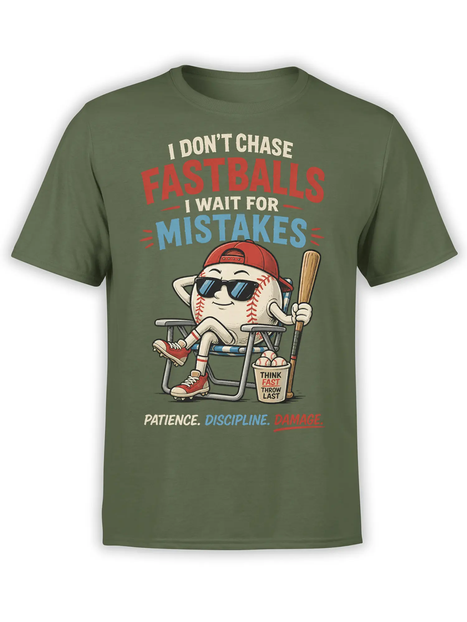 Olive green baseball T-shirt with relaxed cartoon ball character, bat, sunglasses, and vintage sports lettering