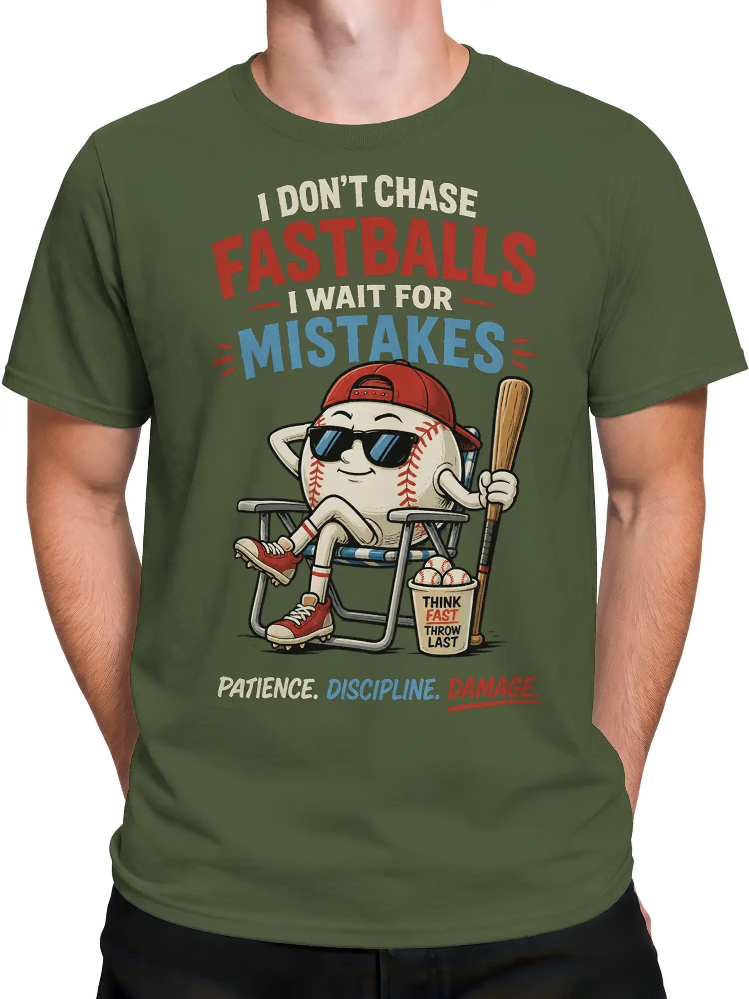 Male torso wearing olive green baseball T-shirt with relaxed cartoon baseball graphic and bat