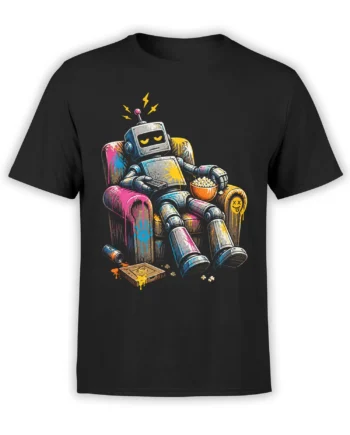 Black T-shirt with a relaxed retro robot in a colorful armchair holding a remote beside a bowl of popcorn