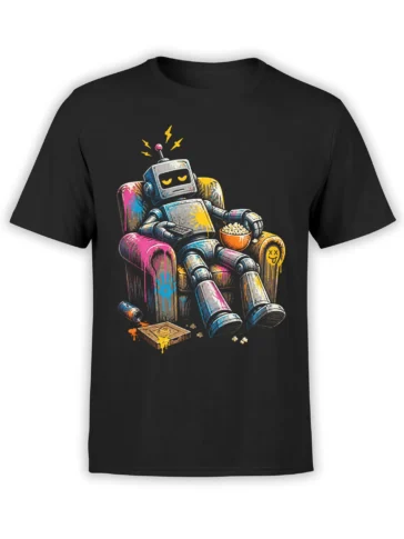 Black T-shirt with a relaxed retro robot in a colorful armchair holding a remote beside a bowl of popcorn