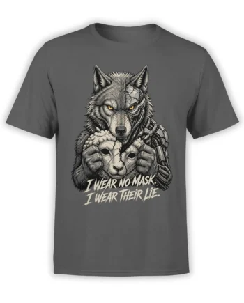 Gray T-shirt with a cybernetic wolf holding a cracked mask and the text “I wear no mask. I wear their lie.”