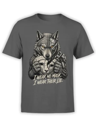 Gray T-shirt with a cybernetic wolf holding a cracked mask and the text “I wear no mask. I wear their lie.”