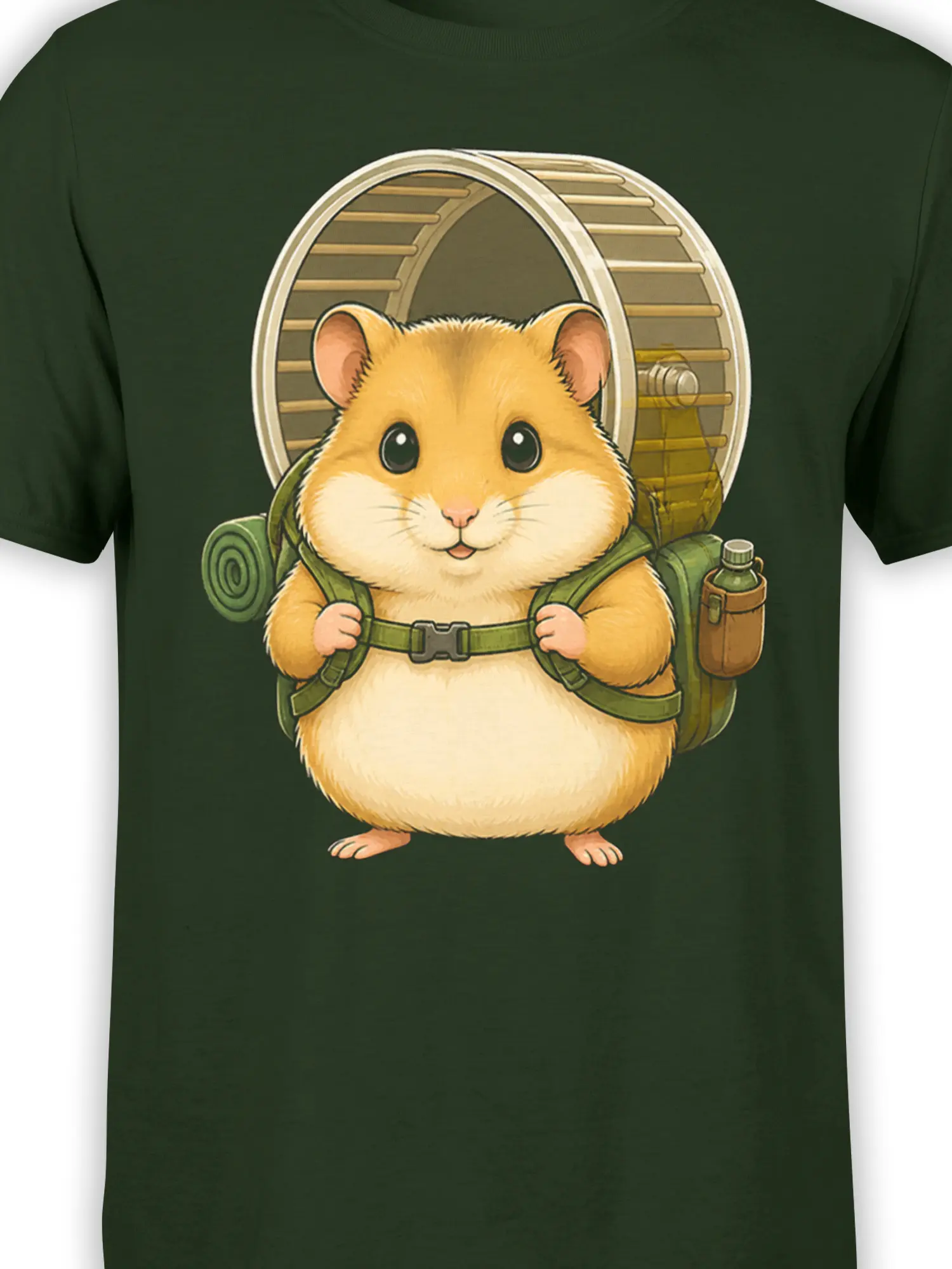 Close-up of golden hamster adventure artwork with backpack and camping gear on dark green fabric