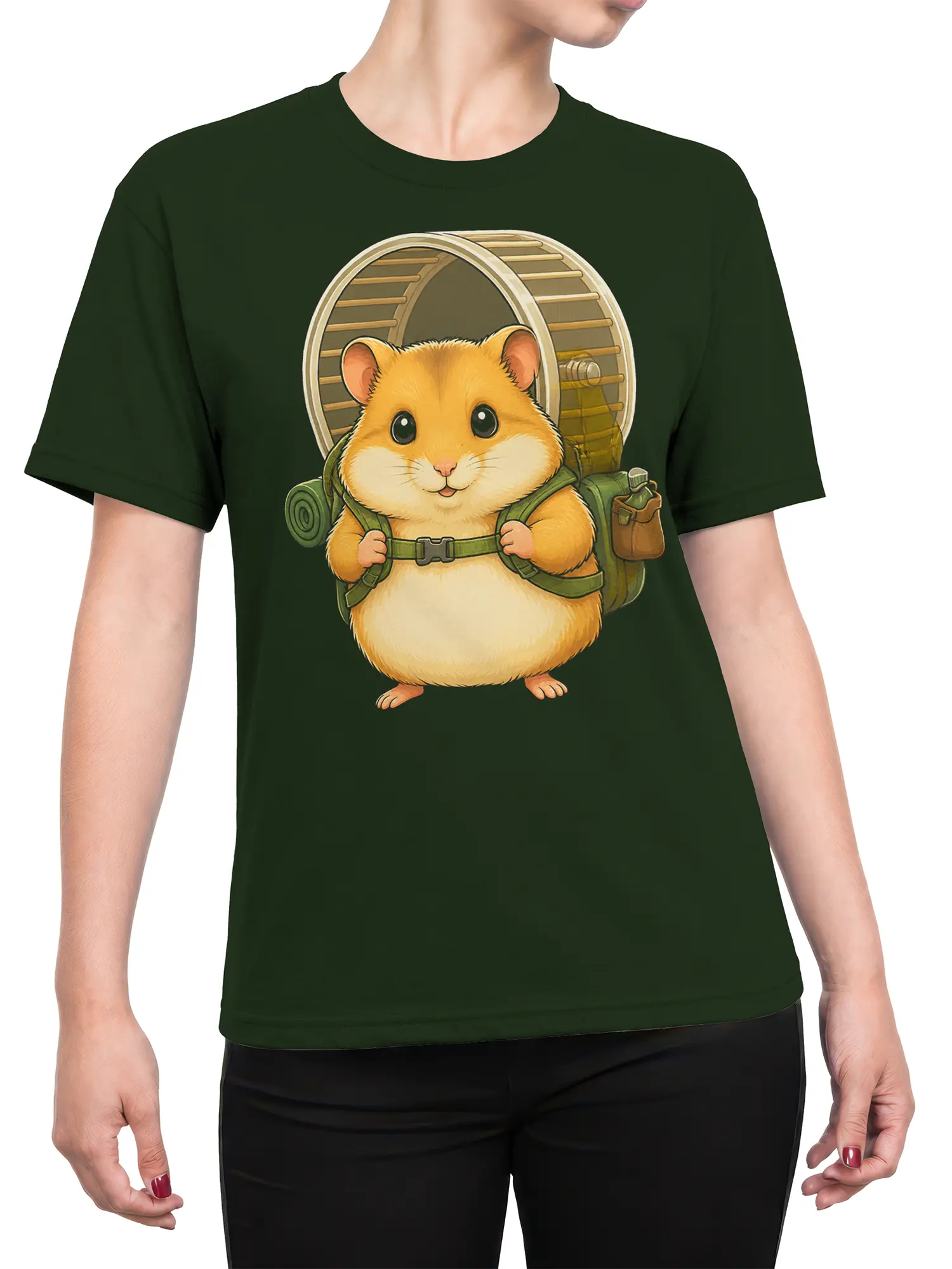 Female torso wearing a dark green hamster shirt with backpack and outdoor adventure artwork