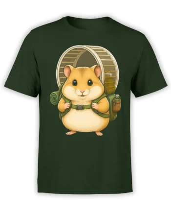 Golden hamster wearing a backpack with a rolled mat and bottle on a dark green shirt