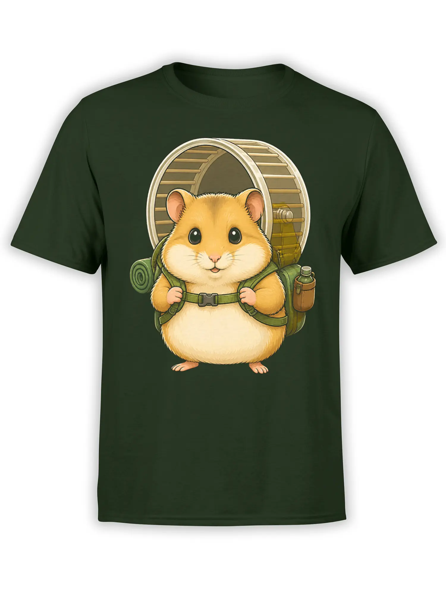 Golden hamster wearing a backpack with a rolled mat and bottle on a dark green shirt