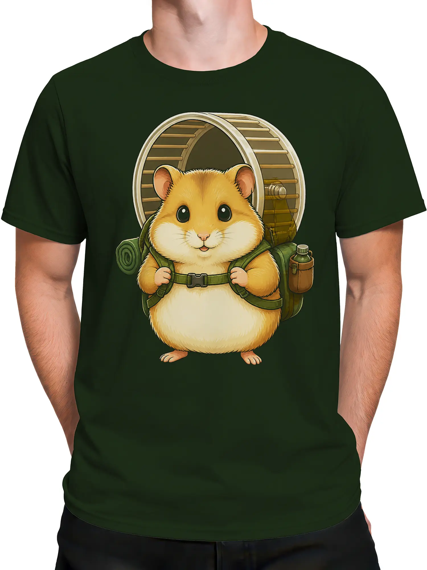 Male torso wearing a dark green hamster shirt with backpack and outdoor adventure artwork