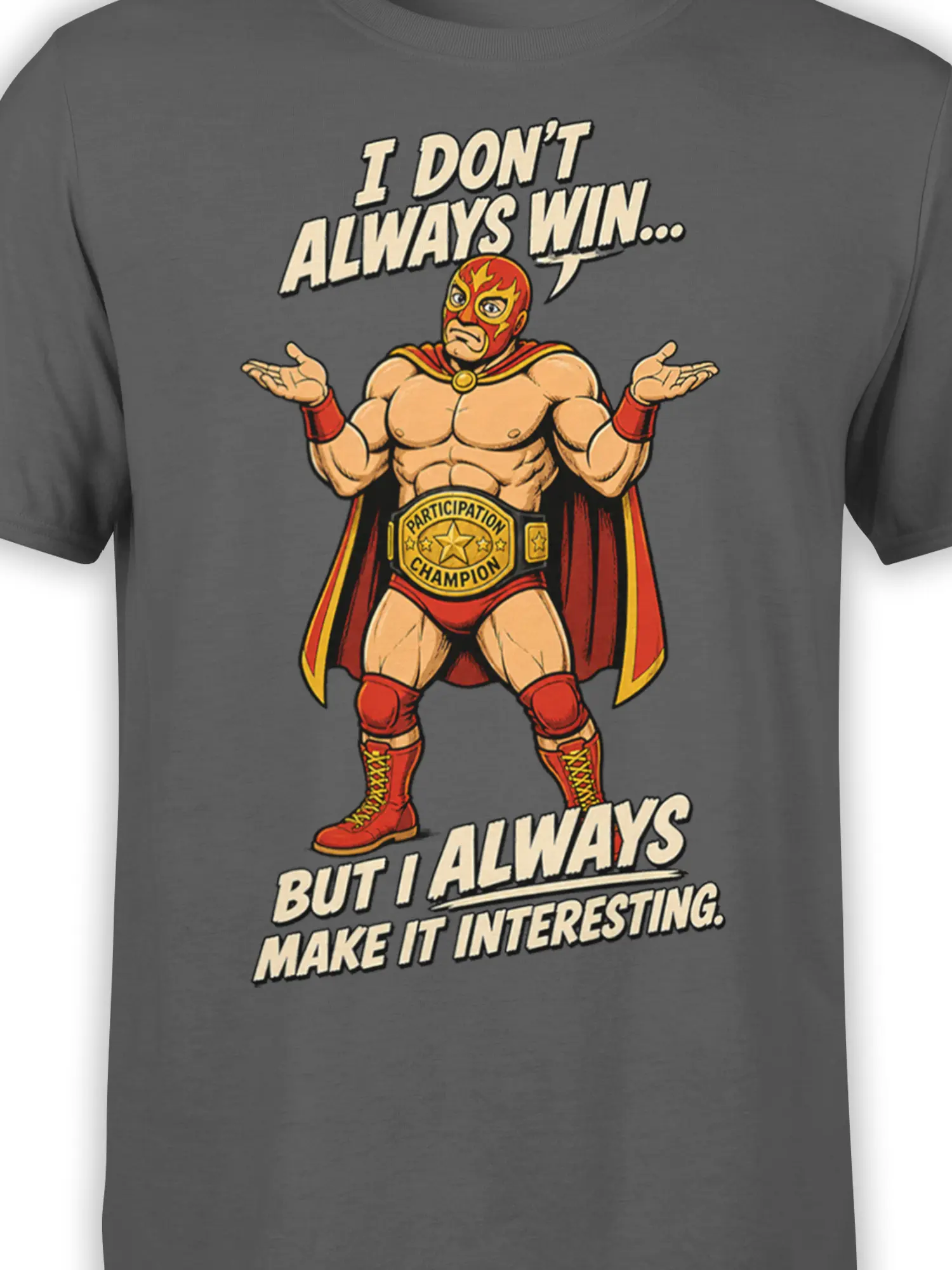Close-up of the masked wrestler graphic and participation champion belt on a gray wrestling T-shirt