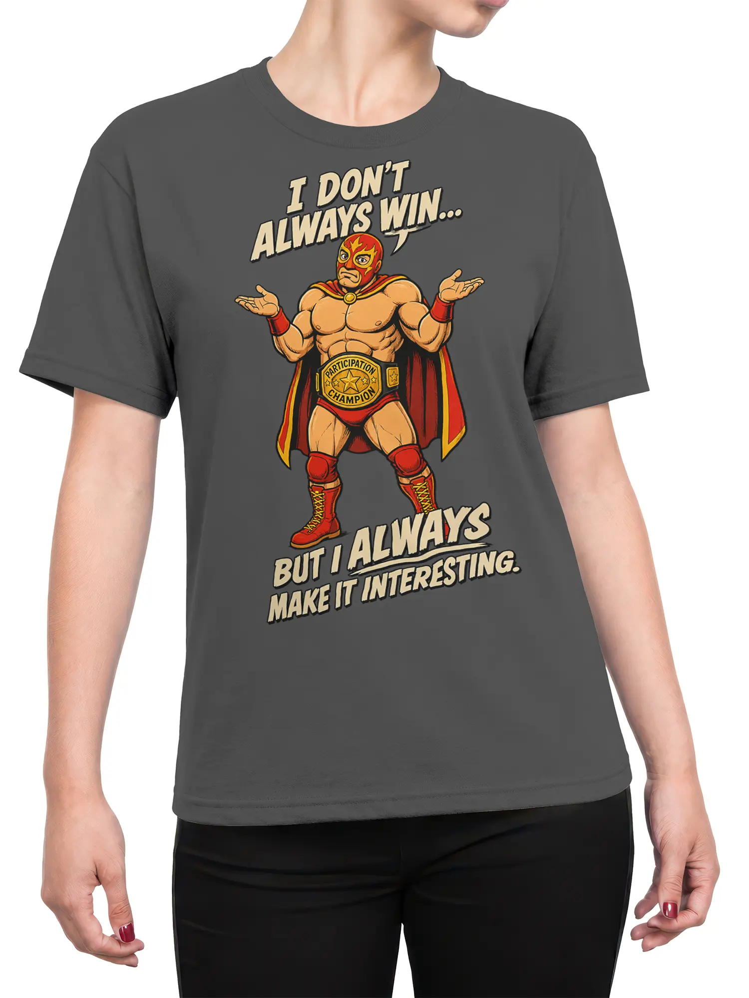 Female torso wearing a gray wrestling T-shirt with a masked wrestler and participation champion graphic