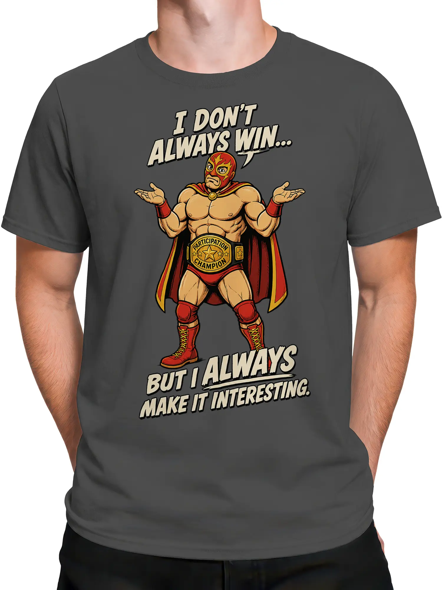 Male torso wearing a gray wrestling T-shirt with a masked wrestler and funny champion design