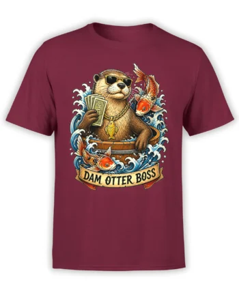 Front view of burgundy otter T-shirt with sunglasses, cash, koi fish, waves, and DAM OTTER BOSS banner