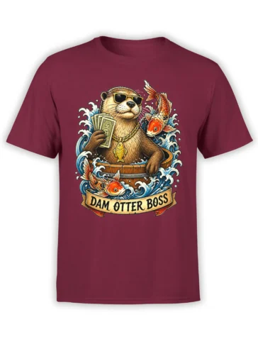 Front view of burgundy otter T-shirt with sunglasses, cash, koi fish, waves, and DAM OTTER BOSS banner