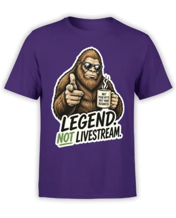 Purple Bigfoot t-shirt with sunglasses, coffee mug, and “Legend Not Livestream” graphic