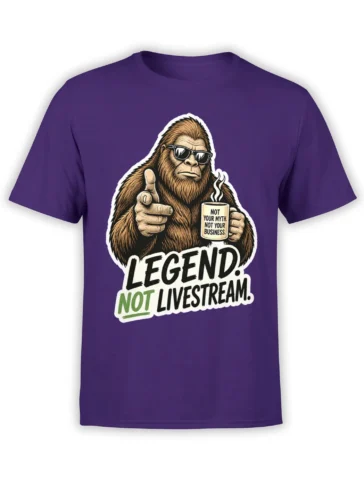 Purple Bigfoot t-shirt with sunglasses, coffee mug, and “Legend Not Livestream” graphic