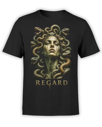 Black Medusa T-shirt with a stern face, coiled fanged snakes, and REGARD lettering