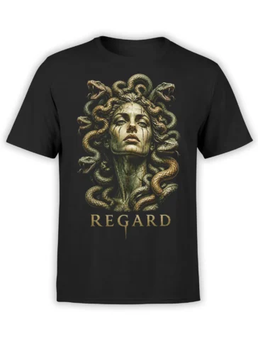 Black Medusa T-shirt with a stern face, coiled fanged snakes, and REGARD lettering