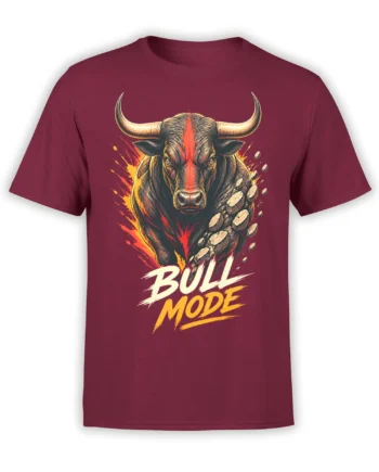 Powerful horned bull graphic with BULL MODE lettering on a burgundy T-shirt