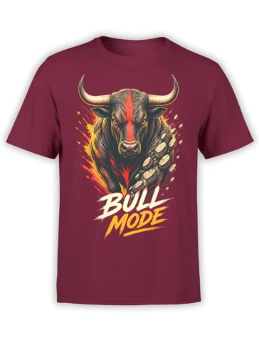 Powerful horned bull graphic with BULL MODE lettering on a burgundy T-shirt