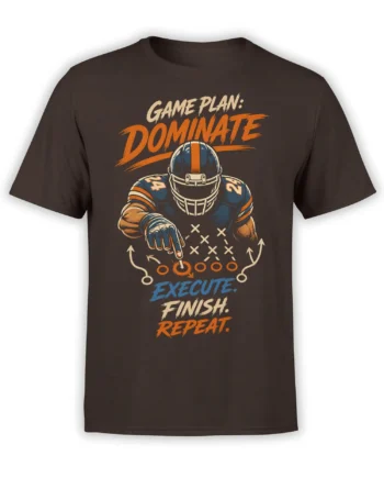 Vintage football player pointing at a playbook on a brown football graphic T-shirt