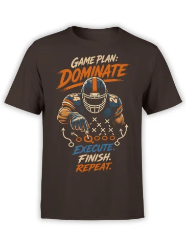 Vintage football player pointing at a playbook on a brown football graphic T-shirt