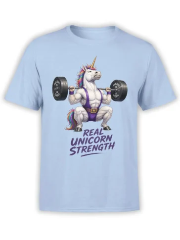 Muscular white unicorn lifting a barbell on a light blue shirt with rainbow mane and strength lettering