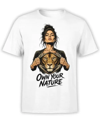White T-shirt with fierce woman revealing a lion and bold “Own Your Nature” lettering