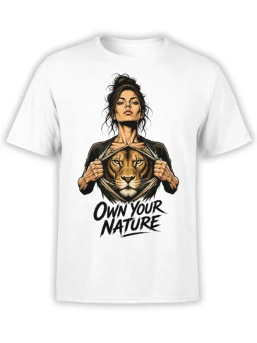 White T-shirt with fierce woman revealing a lion and bold “Own Your Nature” lettering