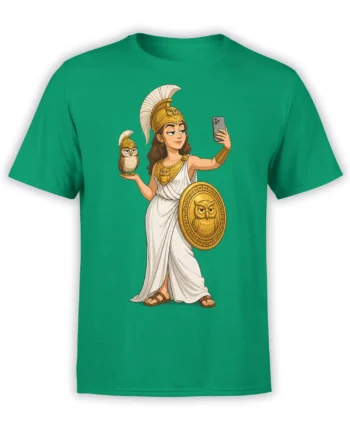 Green T-shirt featuring a helmeted warrior woman with an owl, shield, and smartphone in a detailed illustration