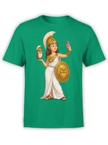 Green T-shirt featuring a helmeted warrior woman with an owl, shield, and smartphone in a detailed illustration