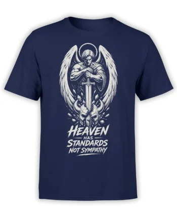 Front view of navy angel warrior T-shirt with wings, halo, sword, horned helmet, and bold white text