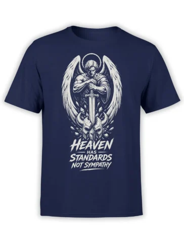 Front view of navy angel warrior T-shirt with wings, halo, sword, horned helmet, and bold white text