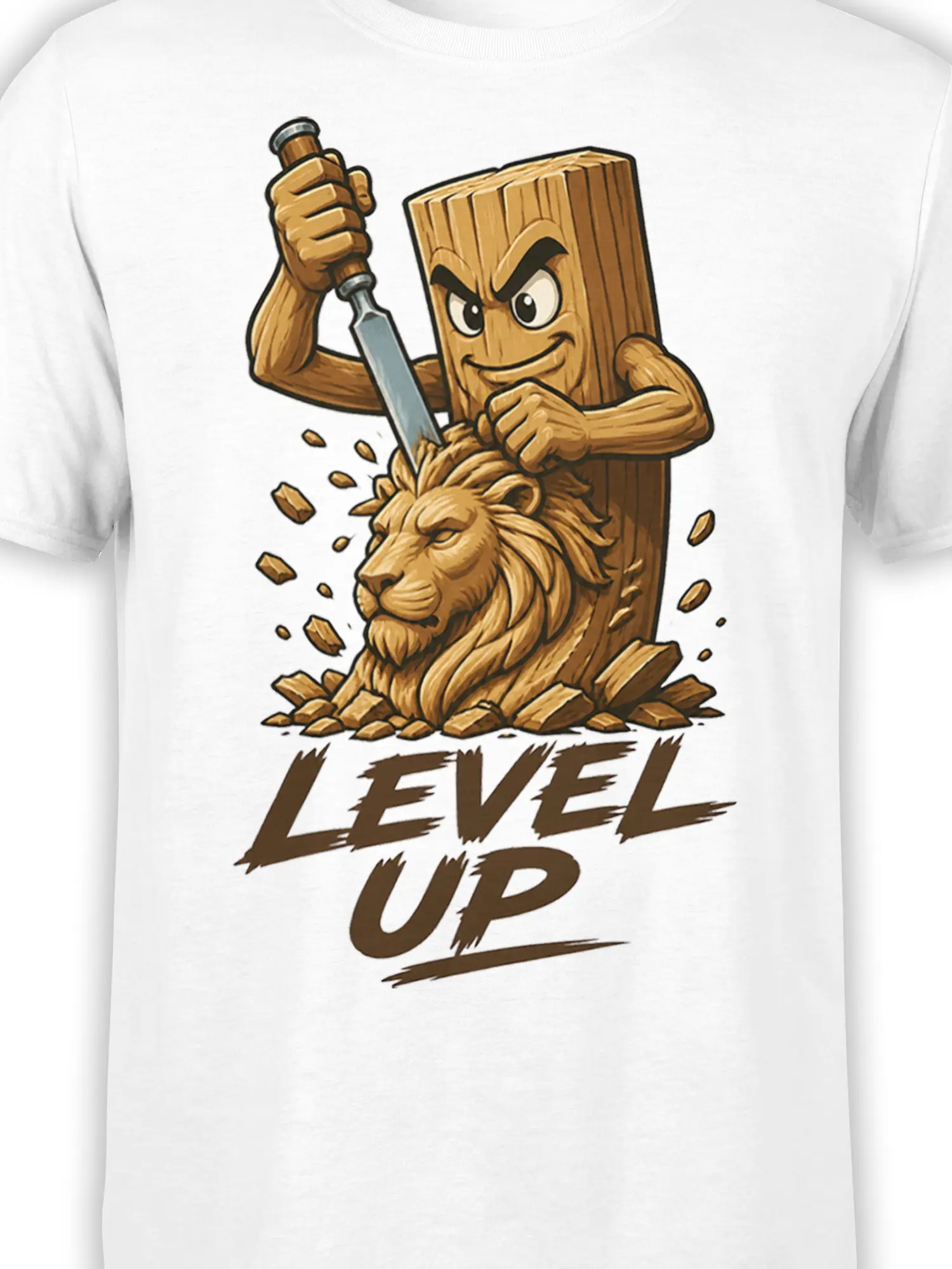 Close-up of lion carving artwork and LEVEL UP lettering on a white graphic T-shirt